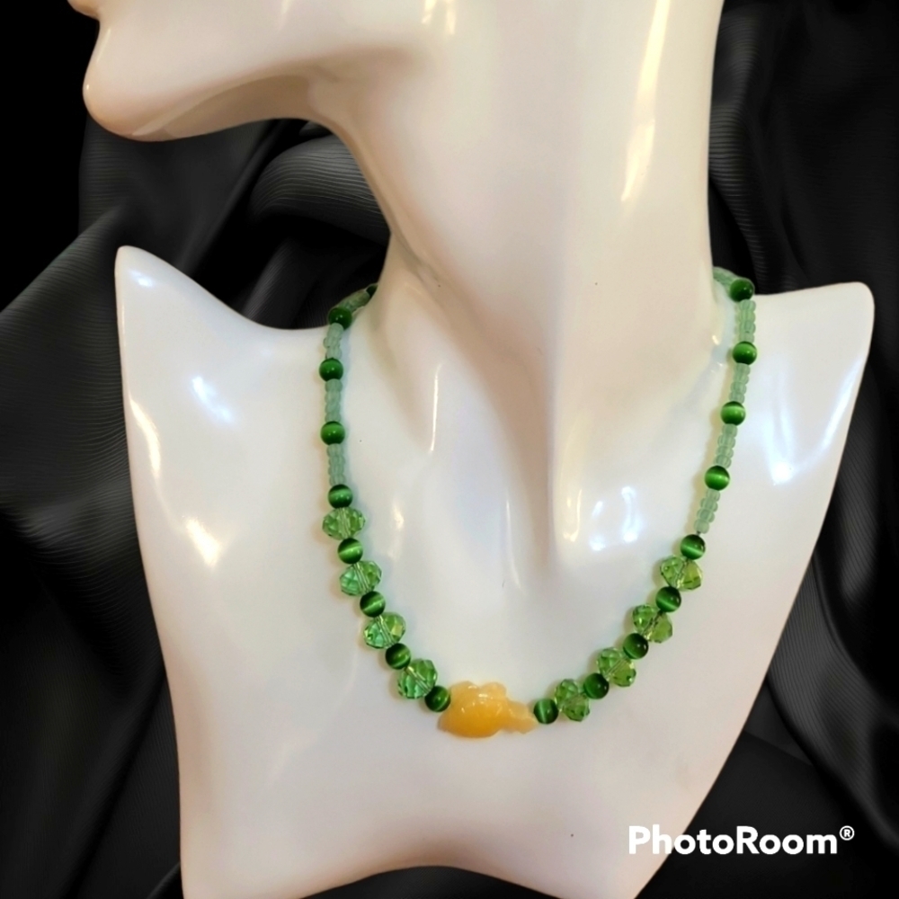 3/$30 HANDMADE Lime Fiber Optic Beaded Turtle Fetish Mermaidcore Necklace